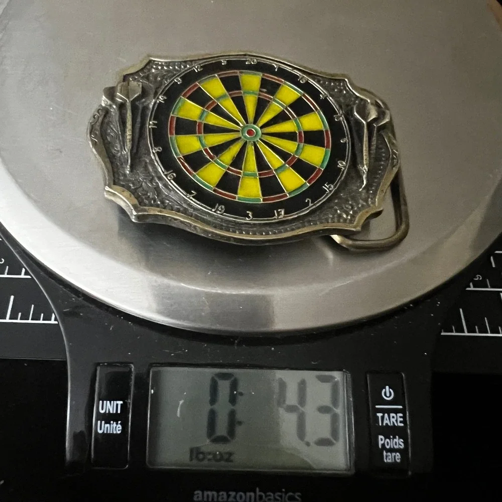 Vintage 1987 Dartboard Darts Belt Buckle Silver Tone Enamel 3.5in Western Retro